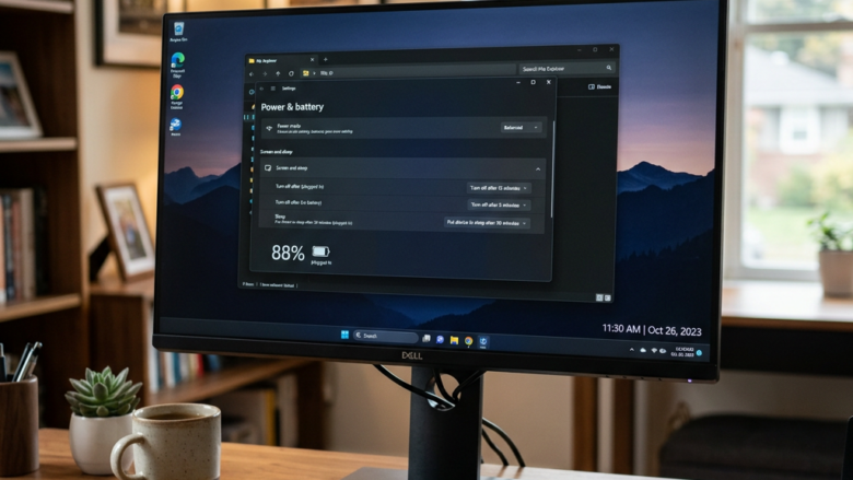 Desktop monitor showing power and battery settings at 88% charge on a wooden desk