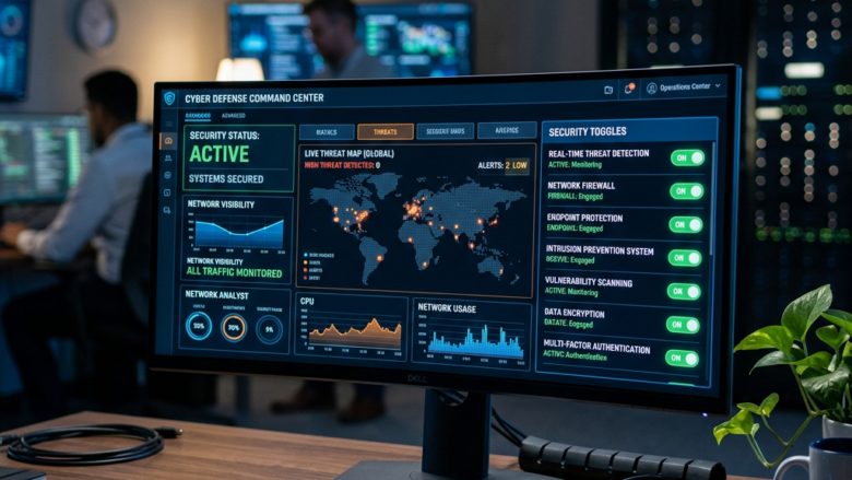 Cyber defense command center dashboard showing active security status, live global threat map, and various network security toggles