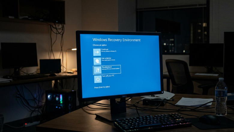 Computer monitor showing Windows Recovery Environment options in a dark office