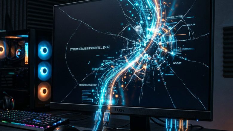 Computer monitor showing system repair in progress with animated data flow and fracture visuals
