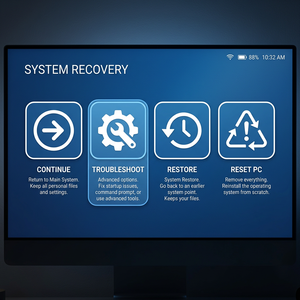 System recovery menu with options to continue, troubleshoot, restore, or reset PC