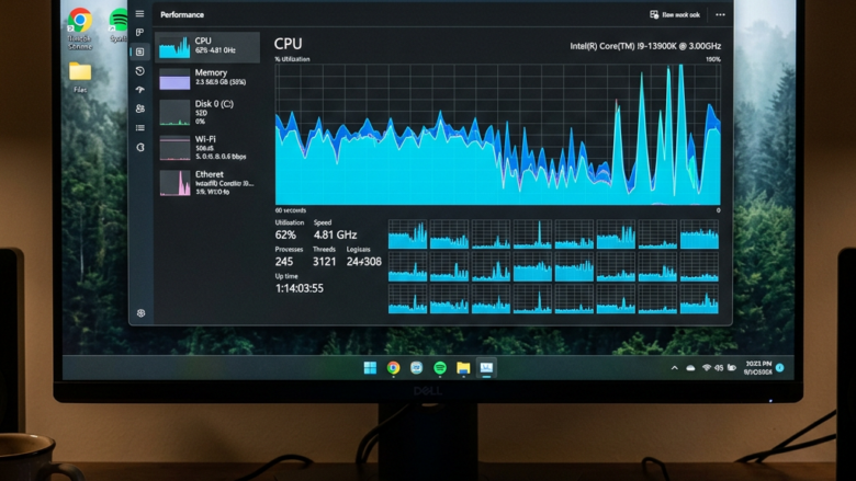 Windows Task Manager showing CPU utilization graph and related performance statistics