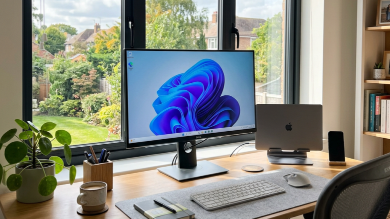 Home office desk with monitor, laptop on stand, keyboard, mouse, plant, and coffee cup