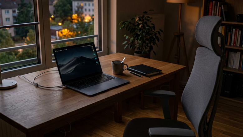 Home office desk with laptop, notebook, mug, and ergonomic chair by window at dusk