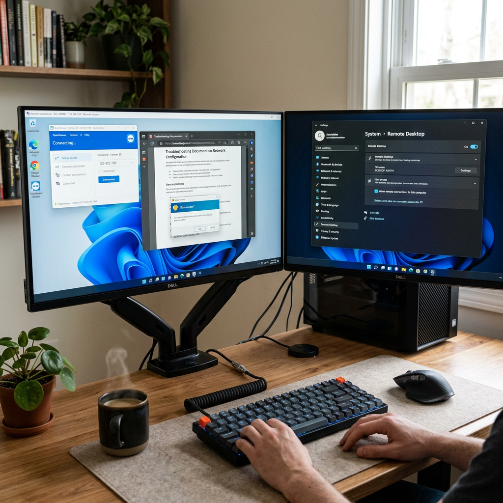 Two computer monitors displaying remote desktop software and settings with a person typing on a keyboard