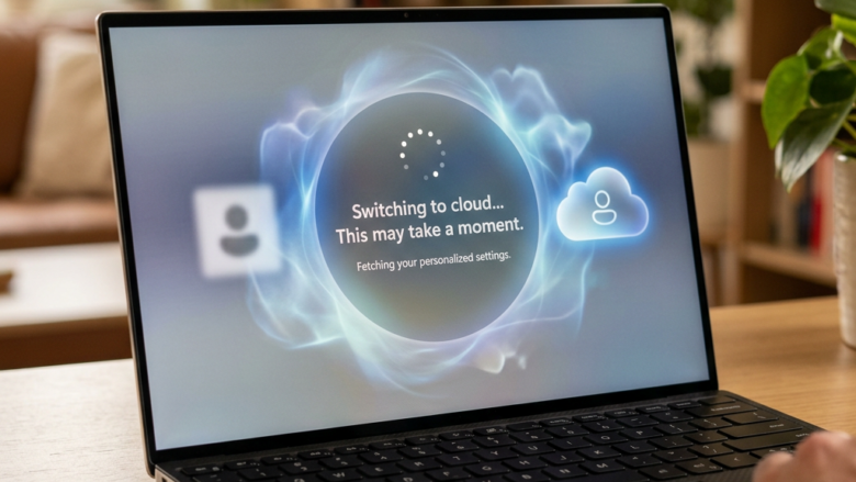 Laptop screen showing message 'Switching to cloud... This may take a moment. Fetching your personalized settings.' with loading icon