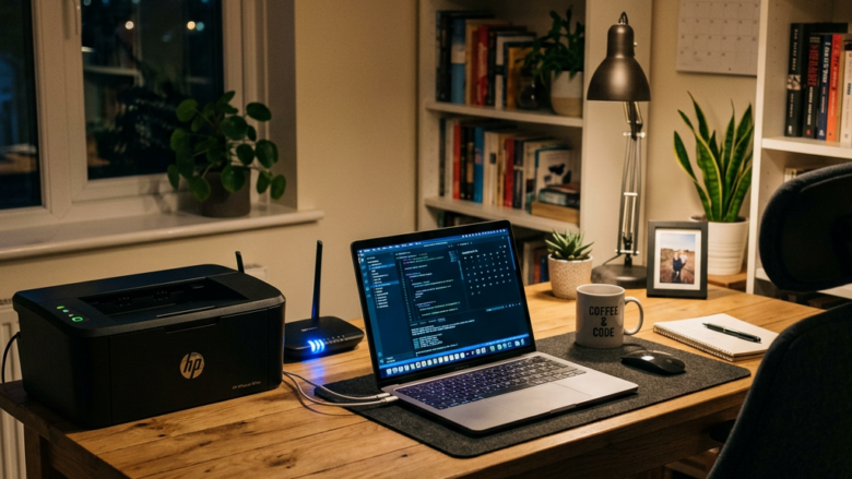 Home office desk with laptop showing code, printer, coffee mug, and plants