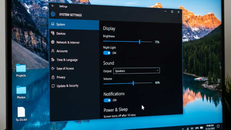 Windows system settings screen showing display brightness at 75%, night light on, speakers output, volume at 60%, and notifications enabled