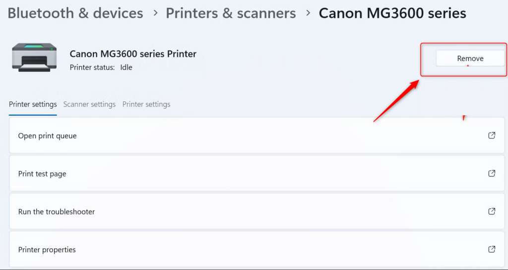 Windows 11 Settings showing Bluetooth & devices and Printers & scanners options.