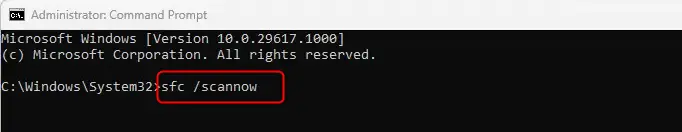 System File Checker (SFC) command running in administrator Command Prompt.