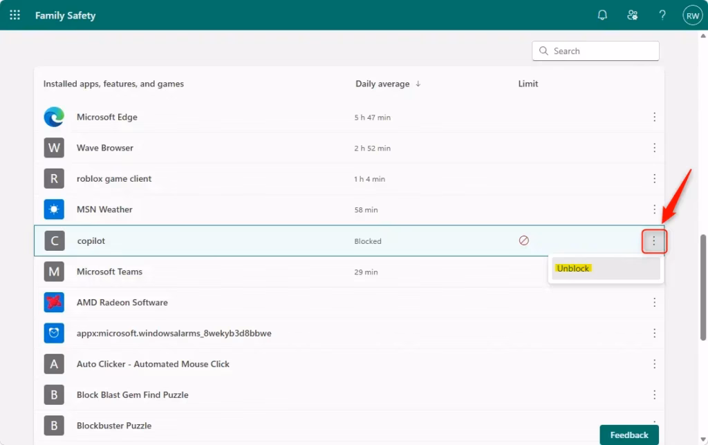 Unblocking apps for a child in Microsoft Family Safety settings.