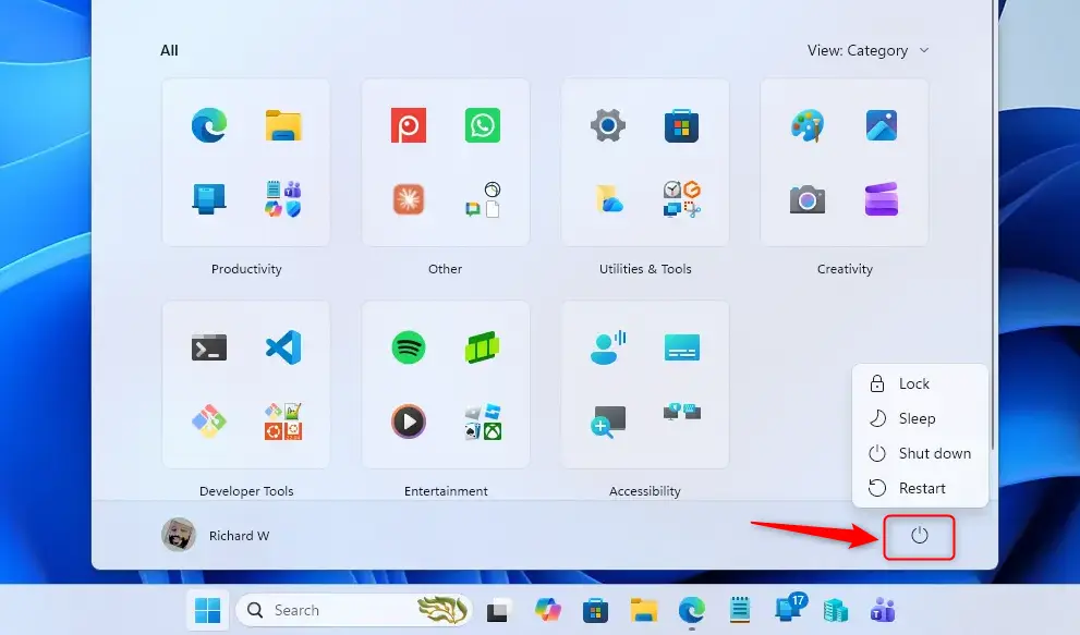 Windows 11 Start menu with the Power button highlighted.