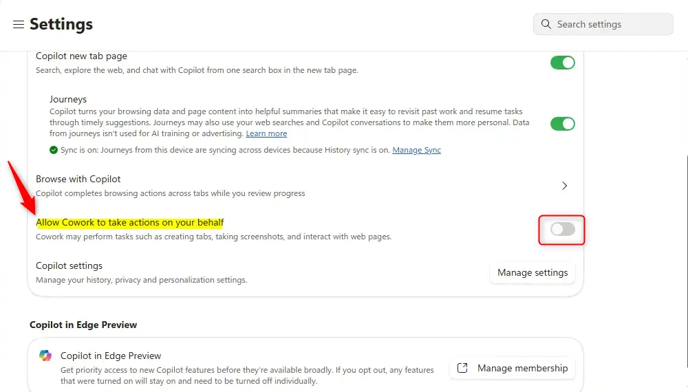 Microsoft Edge setting to allow Copilot Cowork to take actions.