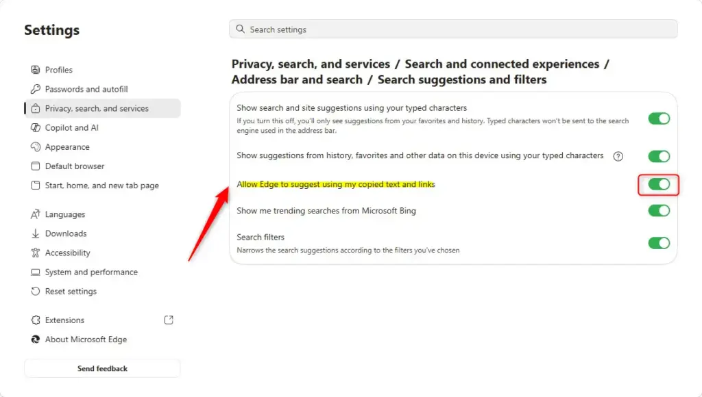 Microsoft Edge setting to allow suggestions from copied text and links.