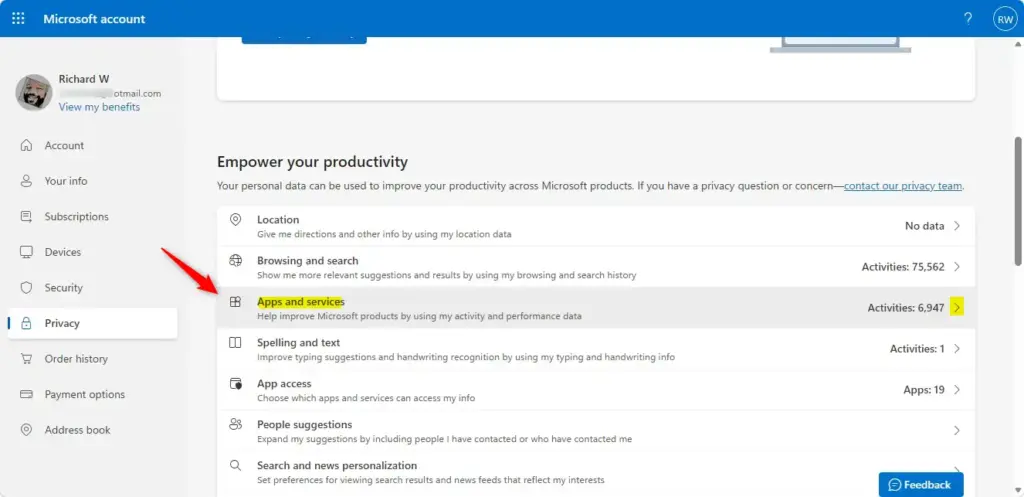 Microsoft account privacy page apps and services section.