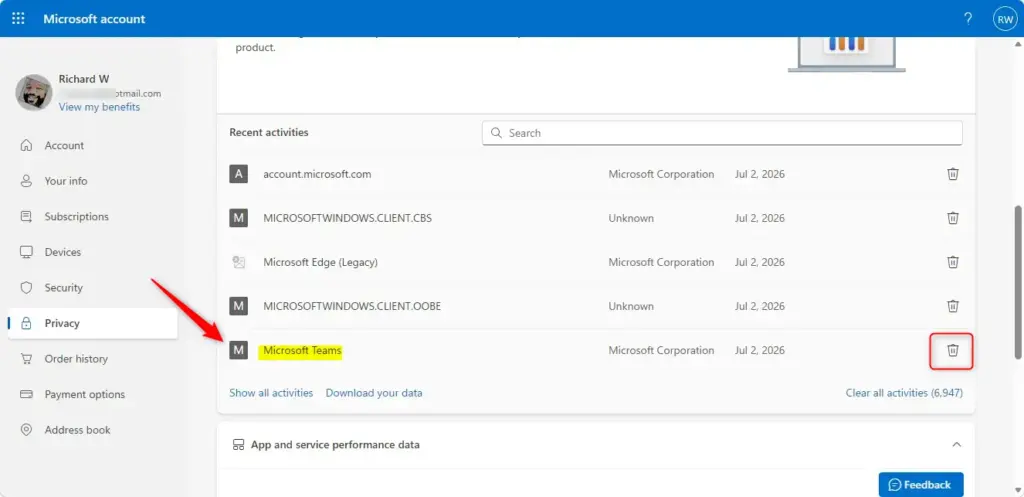 Microsoft account privacy page showing Teams activity data options.
