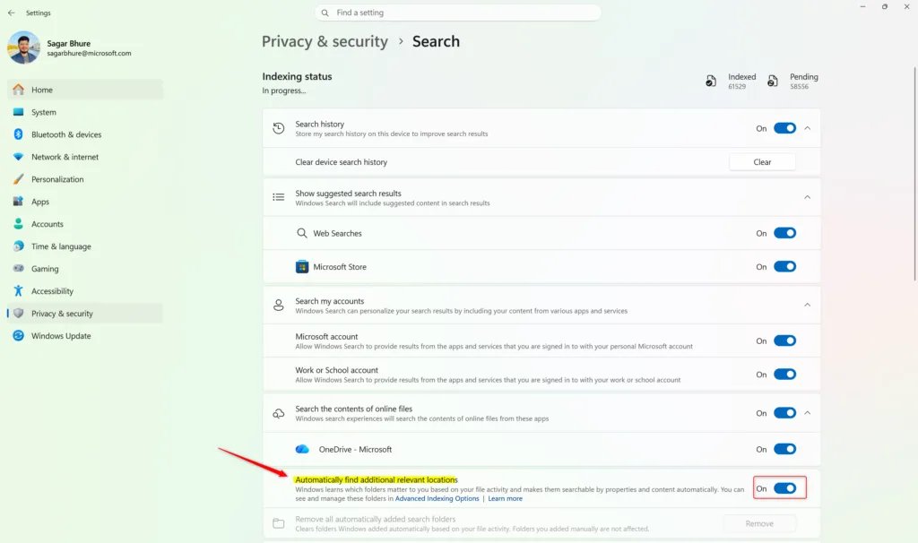 Windows 11 Settings: Privacy & Security screen for automatic search indexing.
