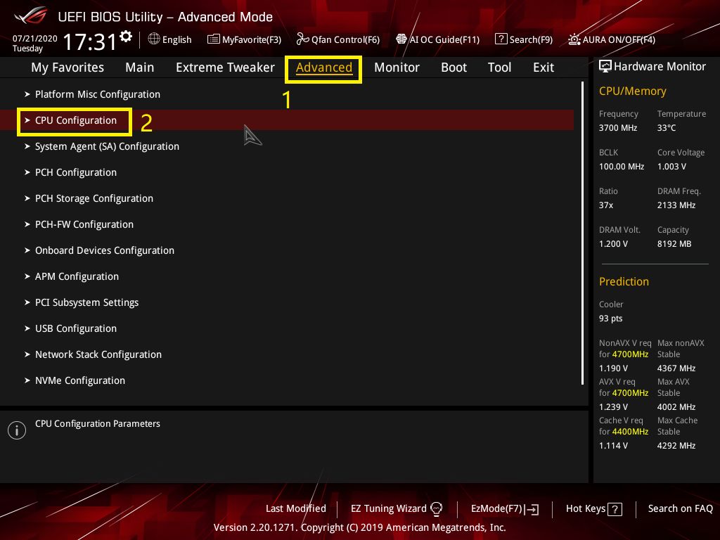 UEFI BIOS advanced CPU settings screen showing virtualization options.