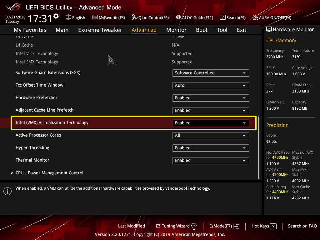 UEFI BIOS advanced settings for VMX settings, enabling CPU virtualization.