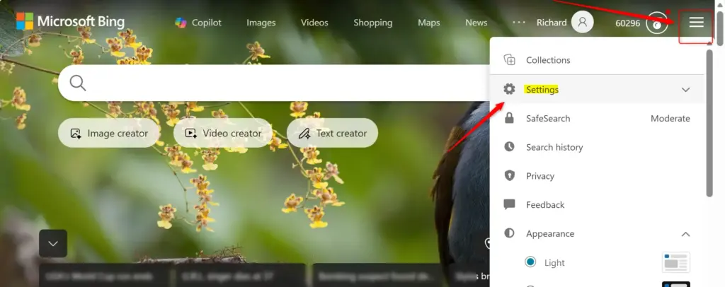 Bing homepage settings button highlighted in the top right corner.