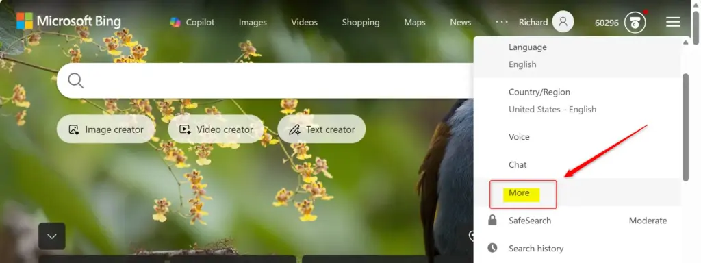 Bing homepage settings menu expanded with options visible.