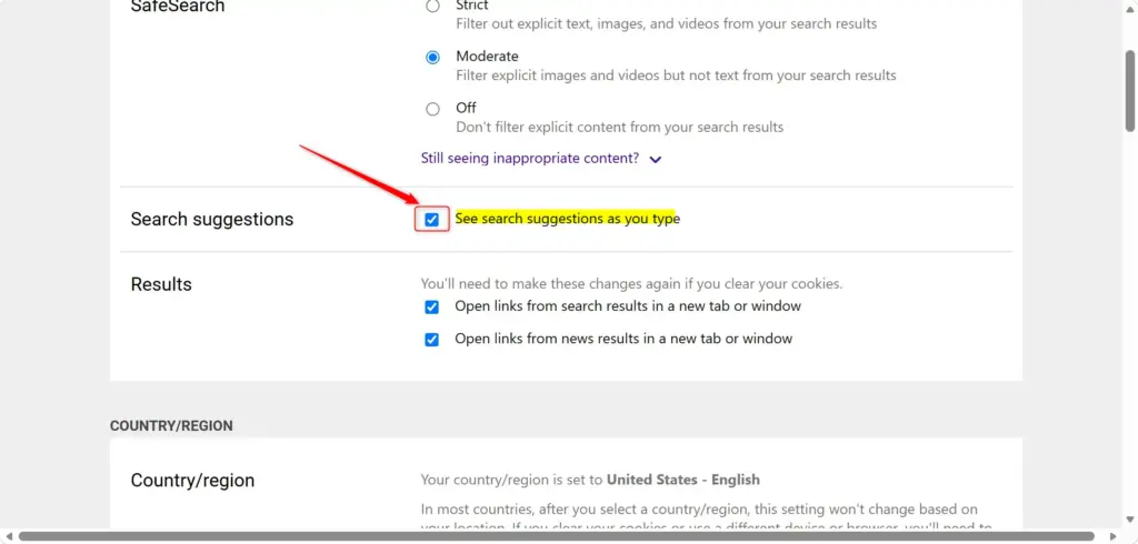 Bing search suggestions settings with the option checked in Microsoft Edge.