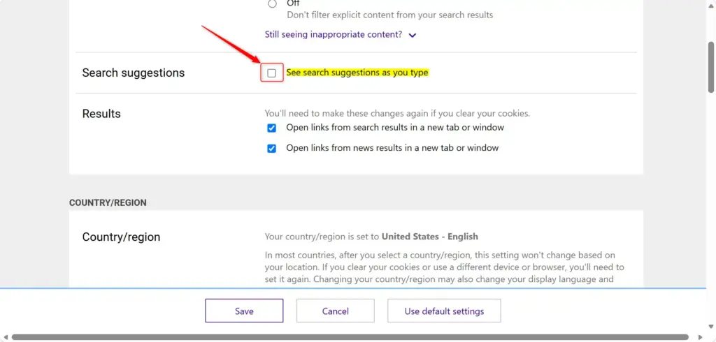 Bing search suggestions settings with the option unchecked in Microsoft Edge.