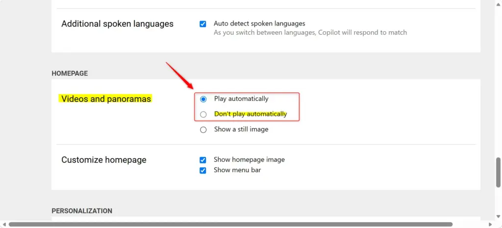 Bing homepage settings showing video and panorama options.