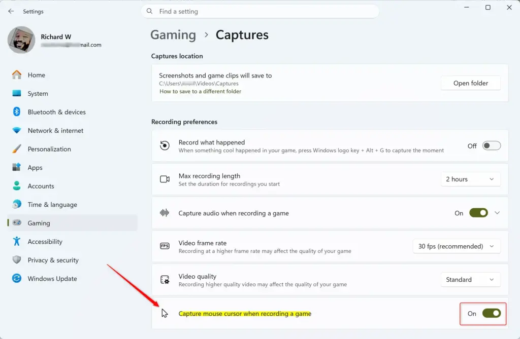 Windows 11 Settings: Capture mouse cursor when recording game option.