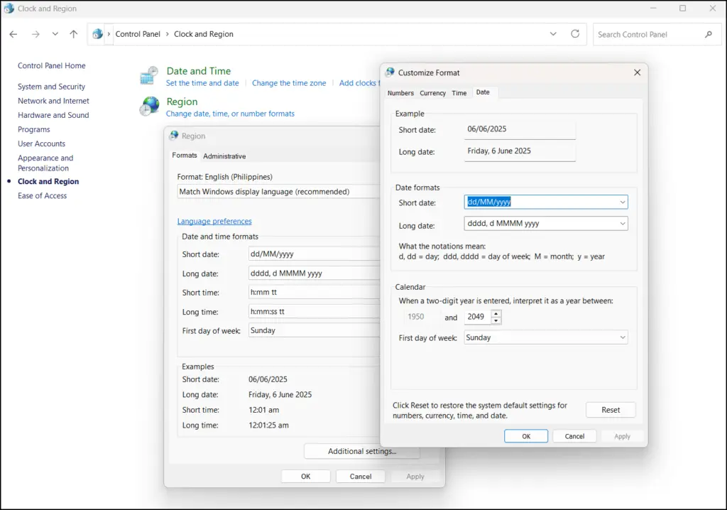 Change data format settings in Windows 11 Control Panel.