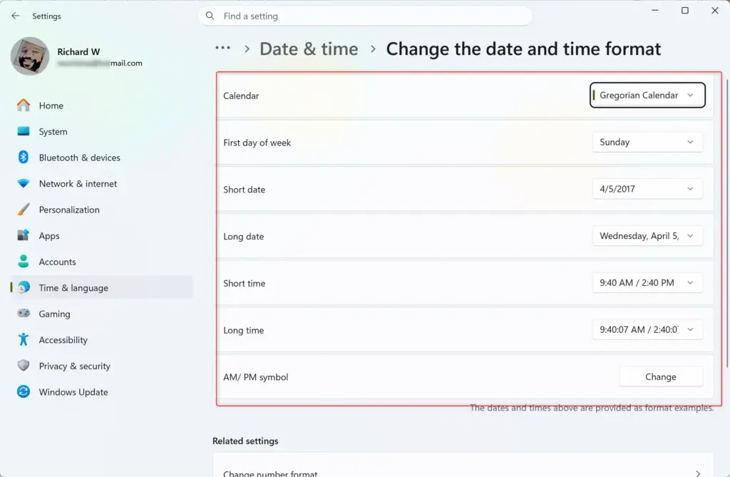 Changing date and time format options in Windows 11.