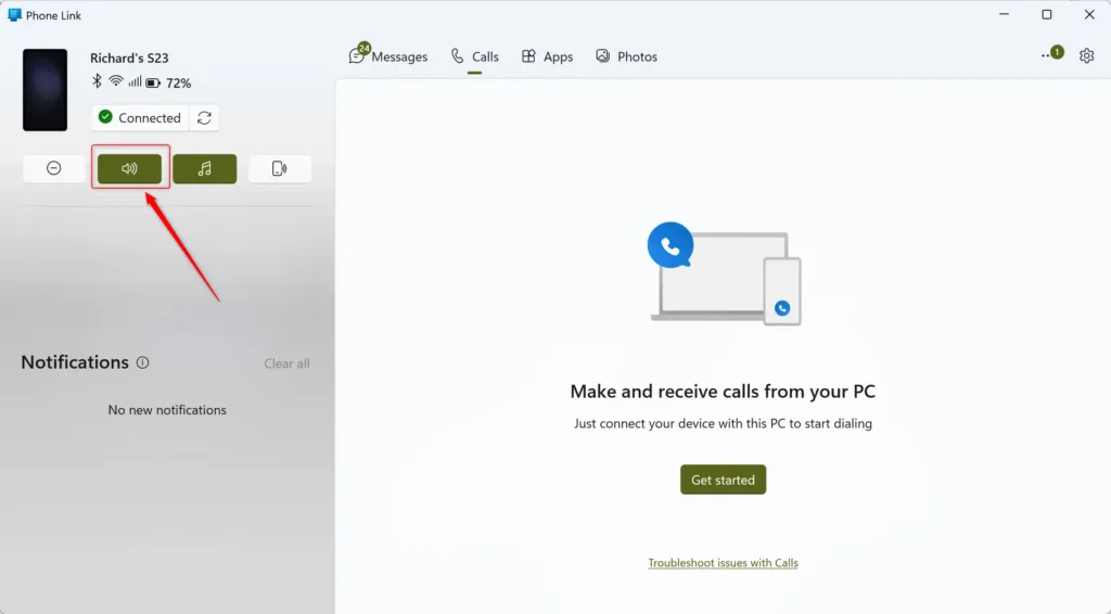 Phone Link app interface showing Android ringer mode controls on Windows 11 PC.