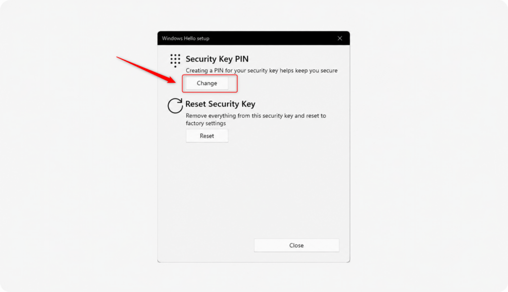 Windows 11 security key settings to manage your PIN.