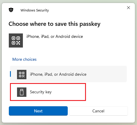 Saving a passkey to a security key for Microsoft account.