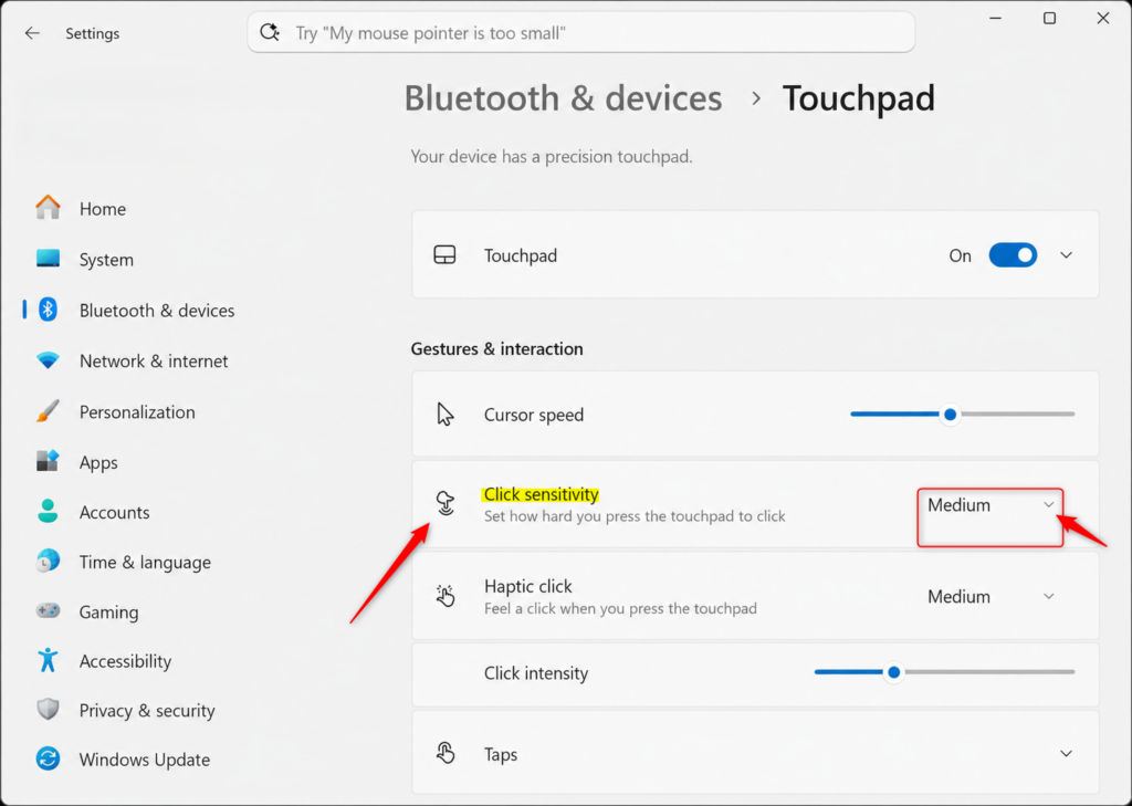 Windows 11 touchpad click sensitivity dropdown menu options