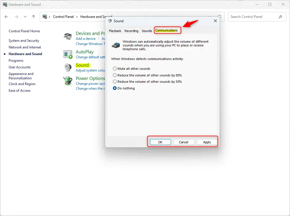 Windows 11 sound settings for Microsoft Teams shared audio communication.