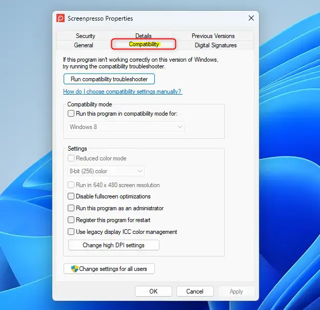 App properties window with the Compatibility tab highlighted.