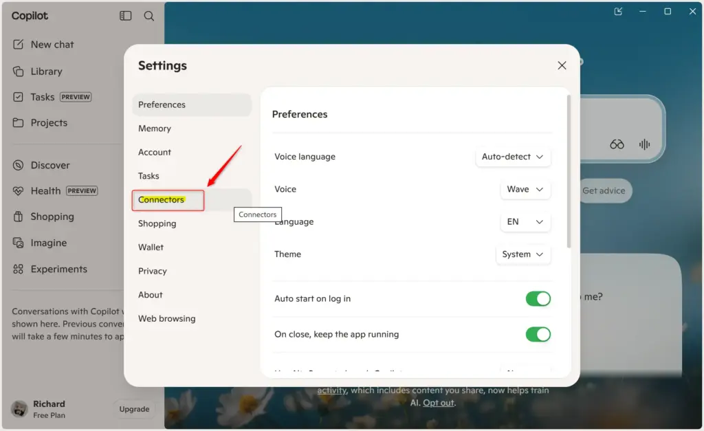 Copilot interface displaying the Connectors option in the settings menu.