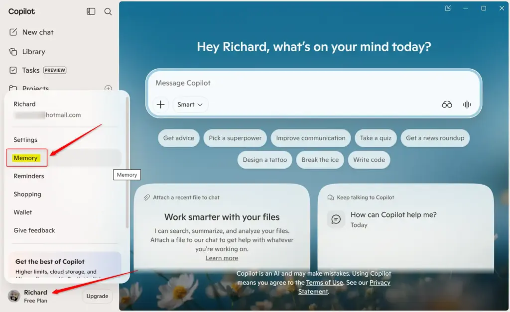 Microsoft Copilot memory settings interface with options to manage personalization.