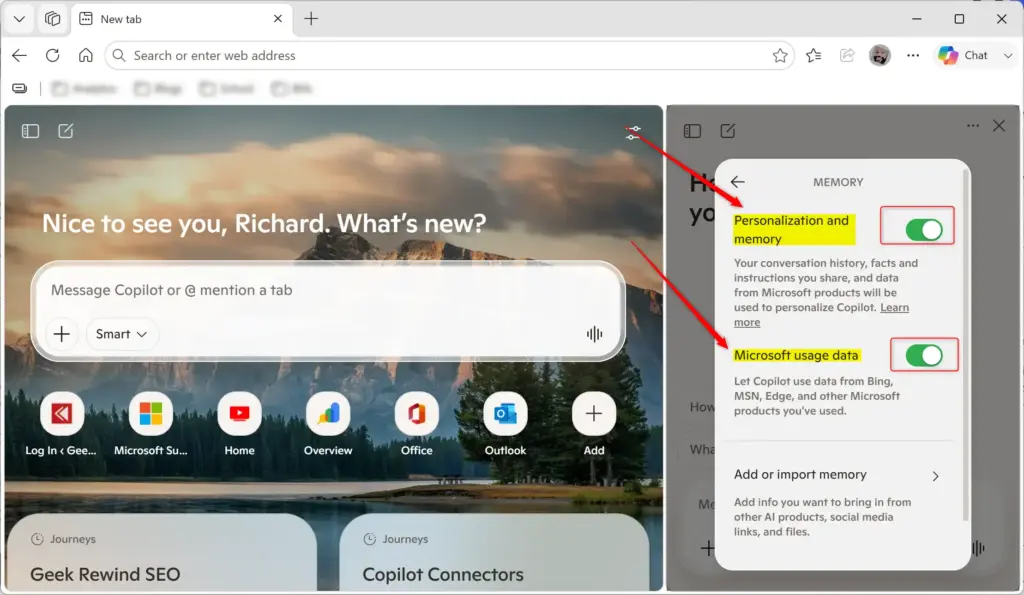 Copilot personalization and memory settings within Microsoft Edge browser.