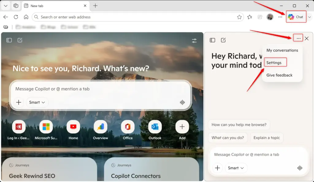 Microsoft Edge settings menu showing Copilot options for personalization.