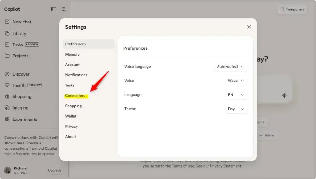 Microsoft Copilot Windows app with connector settings visible.