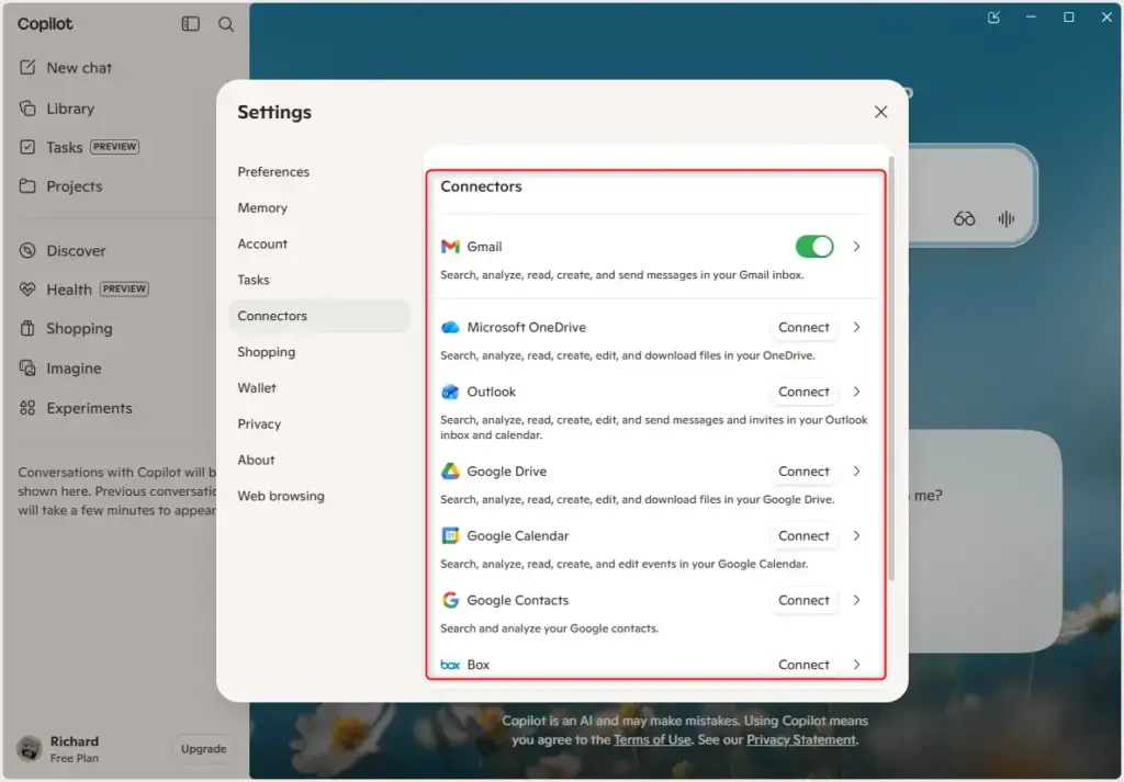 List of enabled Microsoft Copilot connectors in the Windows app.