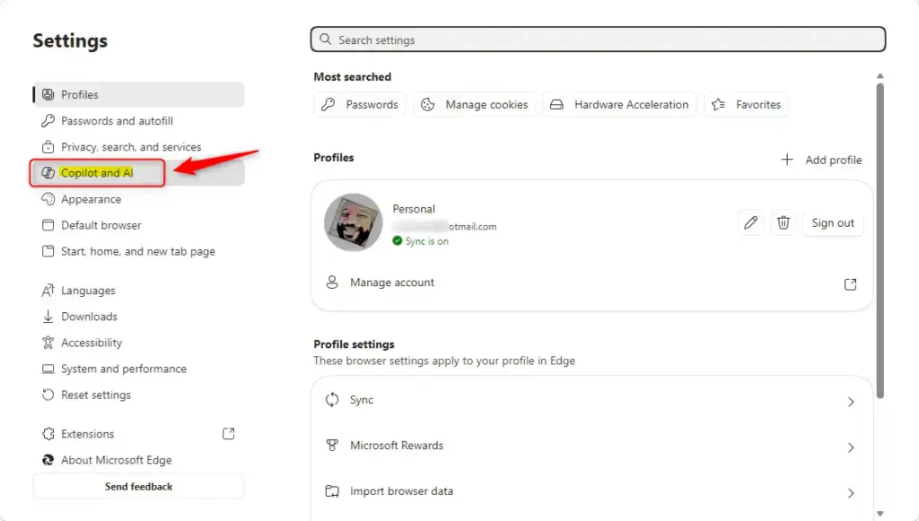 Microsoft Edge Copilot and AI settings page with toggle options.