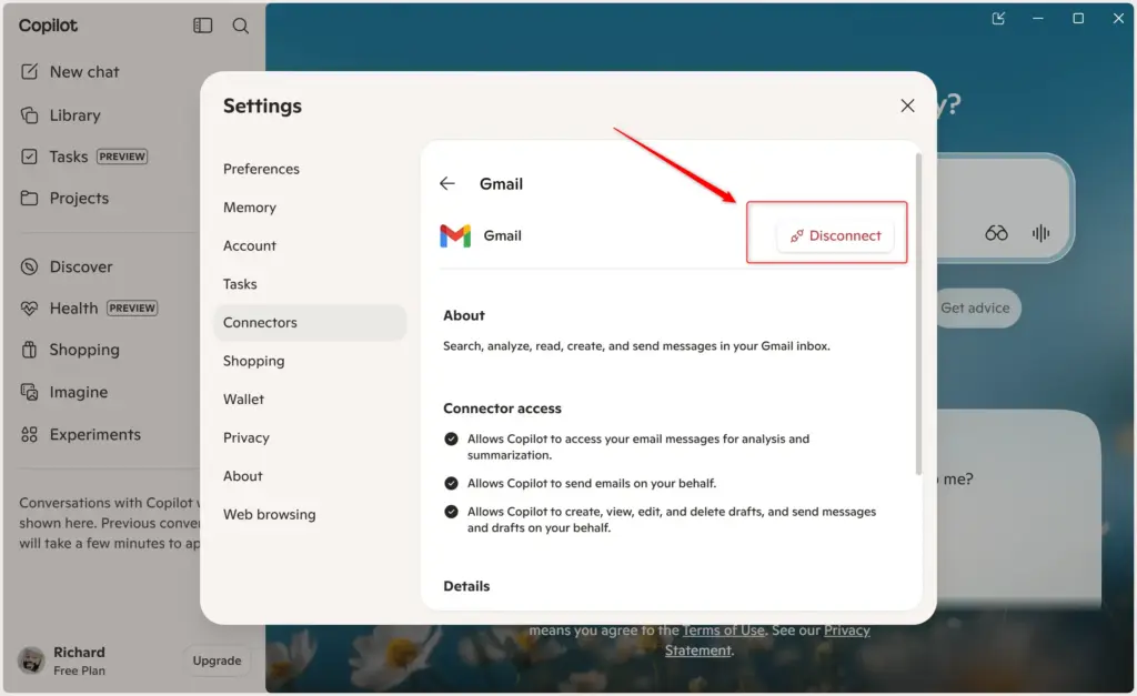 Copilot connectors screen showing Gmail as a successfully connected service.