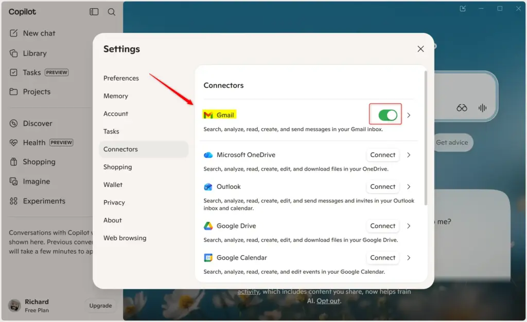 Copilot connectors list with Gmail as a service to connect.