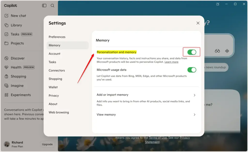 Button to access Copilot personalization and memory settings on copilot.com.