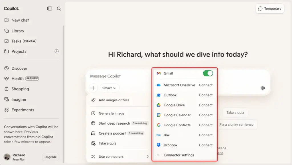 List of available Microsoft Copilot connectors on the web interface.