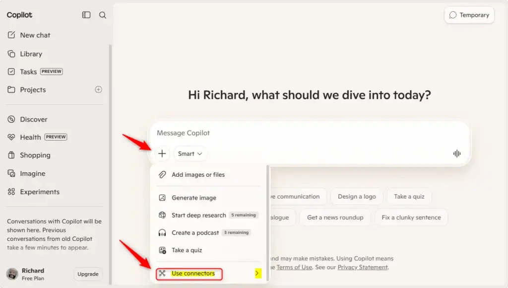 Microsoft Copilot web interface showing connector integration options.