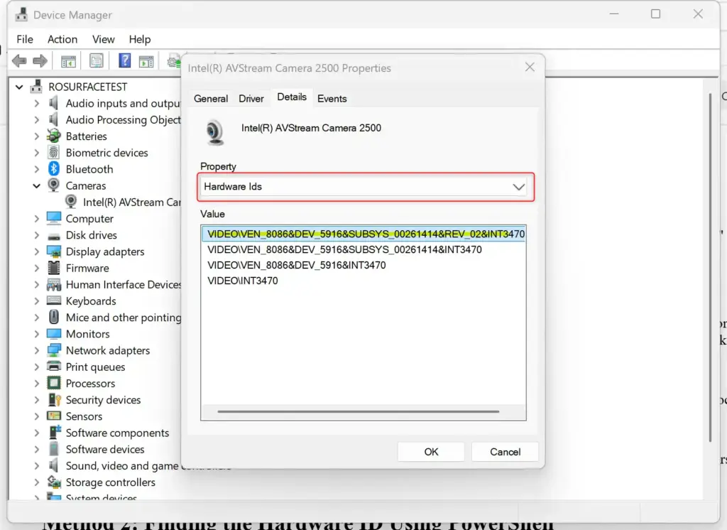 Device Manager showing hardware ID details for a device.